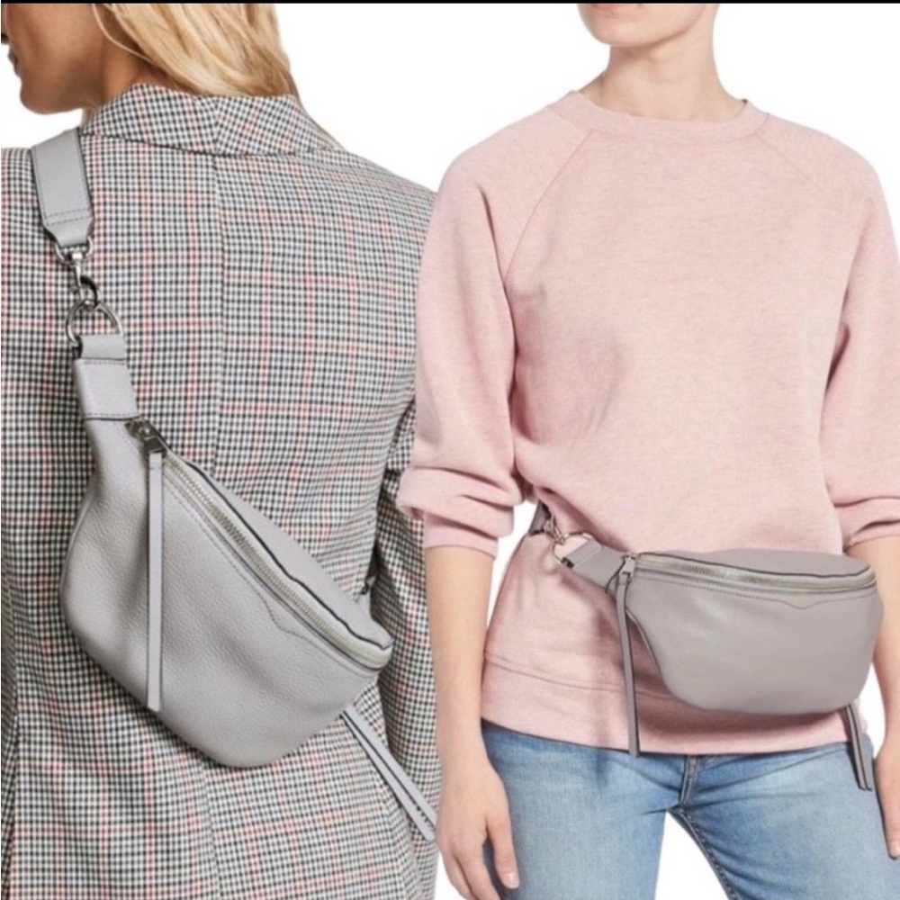 REBECCA MINKOFF BREE GRAY PEBBLED LEATHER ADJUSTABLE ZIP TOP BELT BAG FANNY PACK